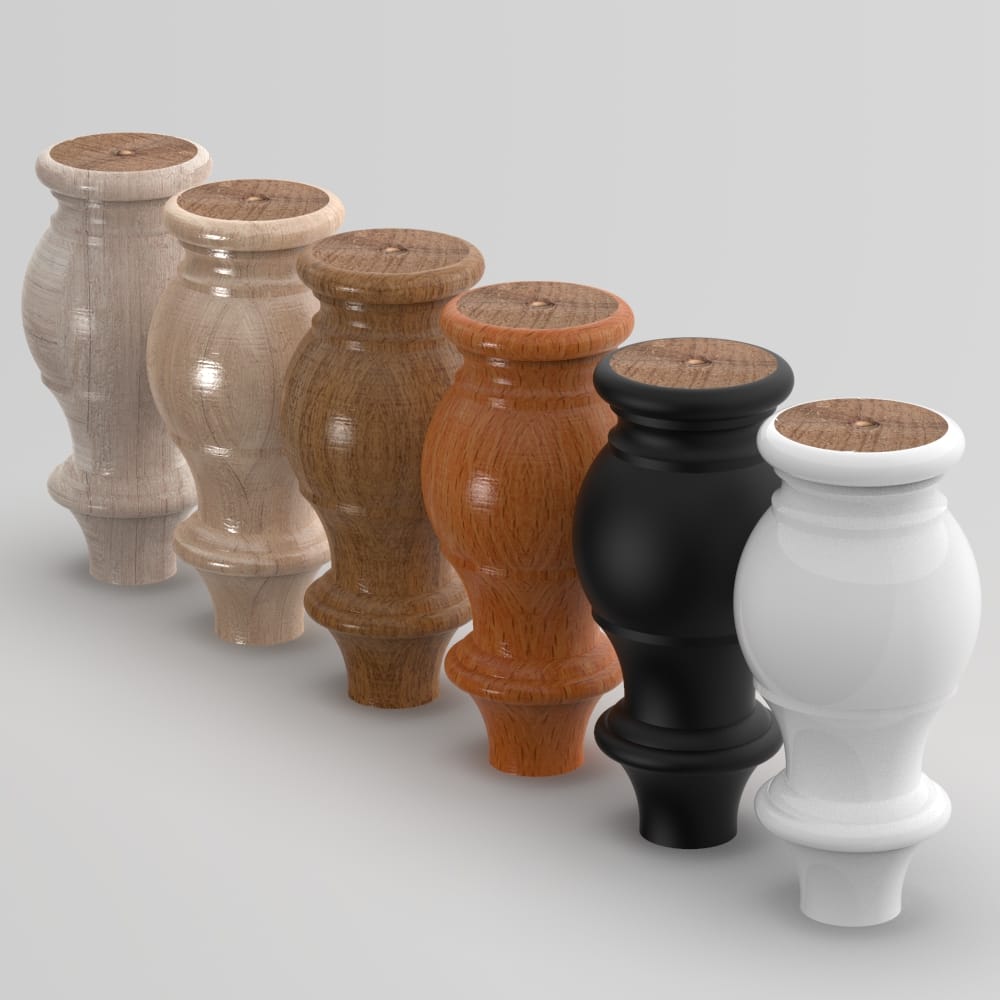 A classic turned wooden leg crafted using a lathe, made from durable beech wood. Available in raw, stained (walnut, oak, wenge), or lacquered (black, white) finishes. Custom sizes, wood types, and installation options available.