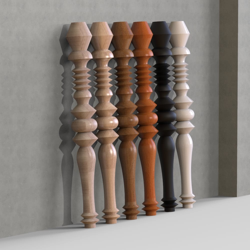 Classic turned wooden leg, designed for DIY projects, offering customizable height and finish options for tables and desks.