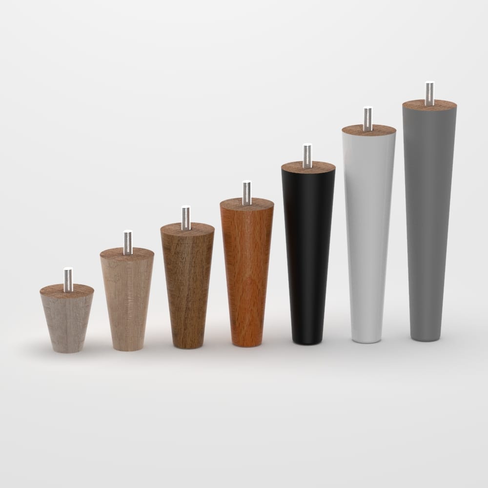 Round tapered wooden furniture leg with customizable height and diameter, suitable for all furniture types. Available in various finishes and installation options.