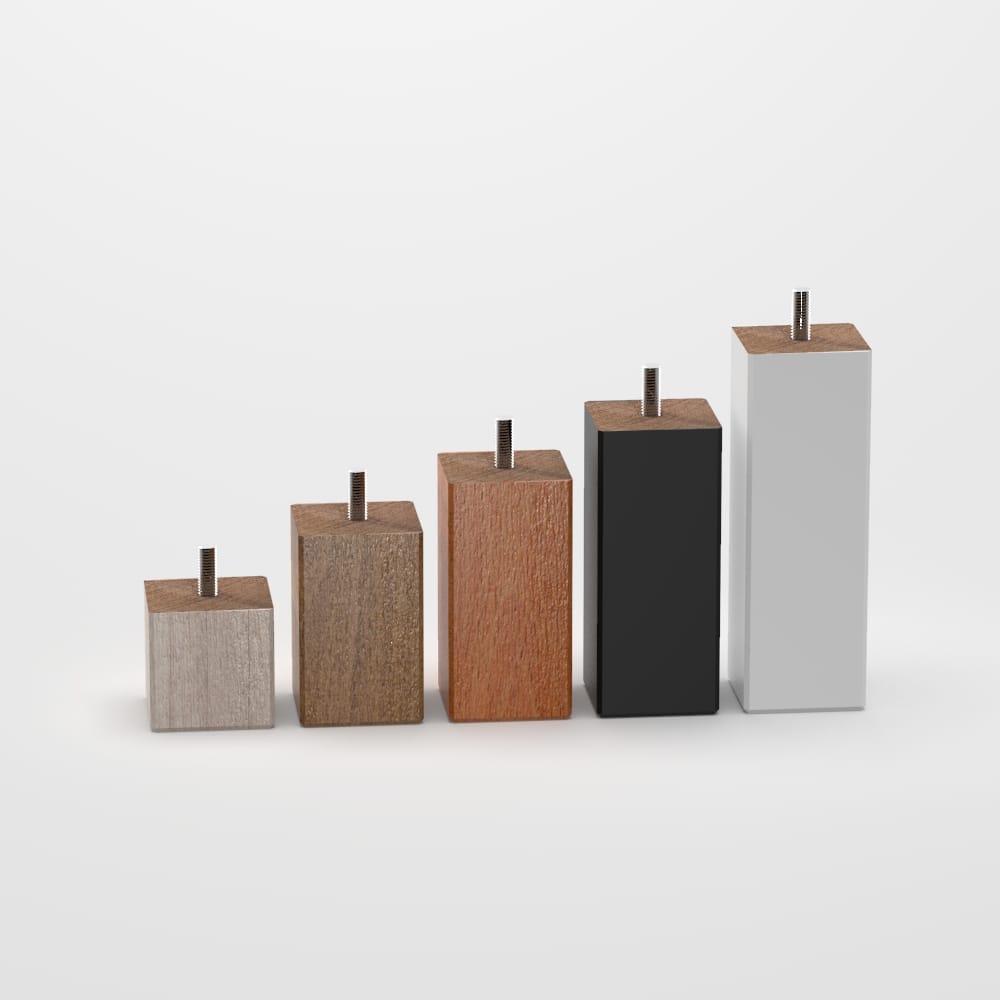 Square-shaped furniture leg with a minimalist design, available in various finishes and installation options. Suitable for beds, sofas, cabinets, and tables.