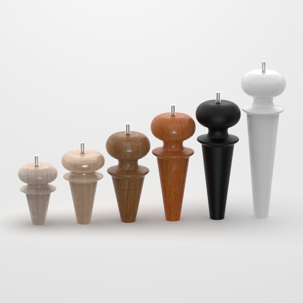 Turned furniture leg with a hybrid bun and tapered design, crafted from wood with various finishes and installation options. Suitable for beds, sofas, cabinets, and tables.