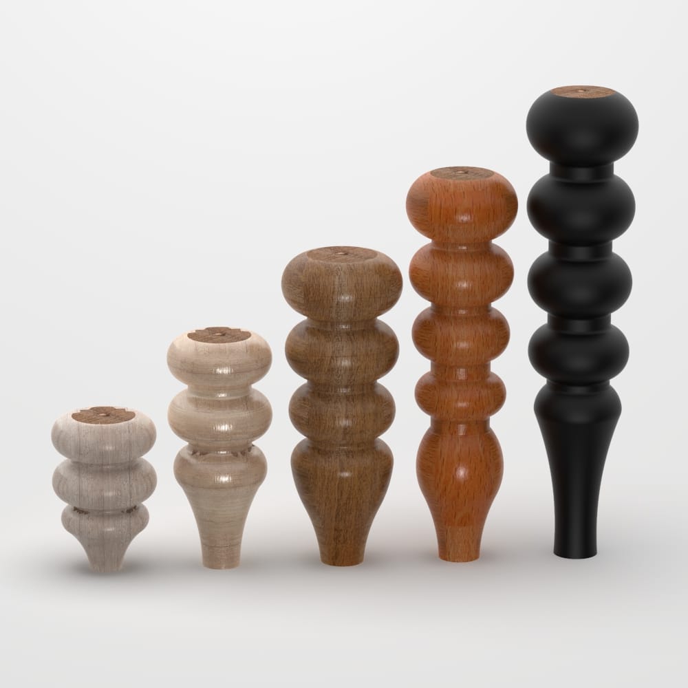 Sleek, turned furniture leg with a minimalist design, crafted from wood with various finishes and installation options. Suitable for beds, sofas, cabinets, dining tables, and coffee tables.