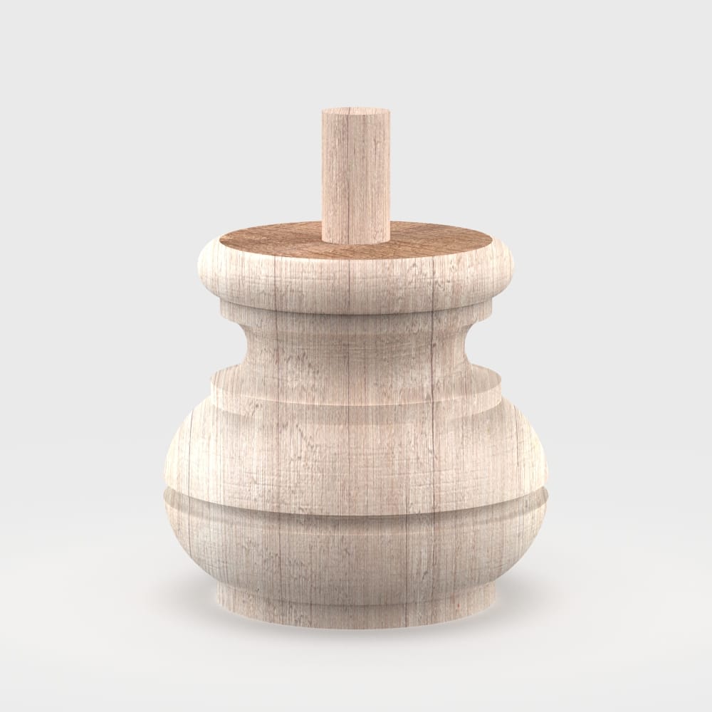 Turned wooden furniture leg with a bold silhouette, ideal for sofas, armchairs, cabinets, and footstools. Available in various finishes and materials.