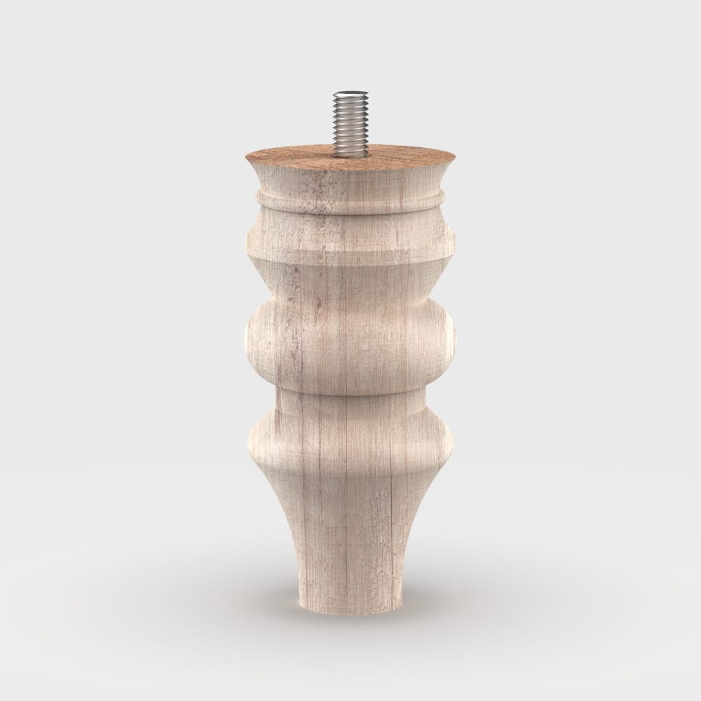 Elegant turned wooden furniture leg, suitable for sofas, armchairs, cabinets, and footstools. Available in multiple finishes and materials.
