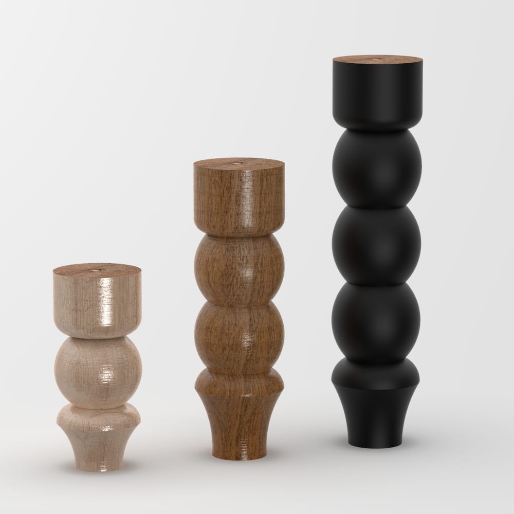 Elegant turned furniture leg with spherical accents, crafted from wood with various finishes and installation options. Suitable for beds, sofas, and cabinets.