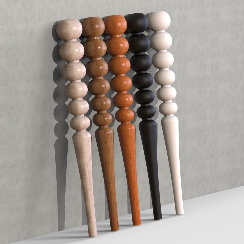 Elegant wooden leg with spherical elements stacked in decreasing size, tapering to the bottom for a refined, decorative look.