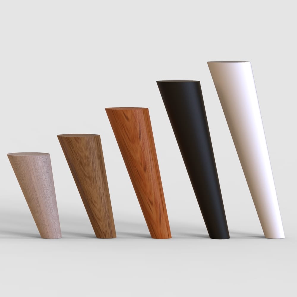 15-degree angled wooden furniture leg, offering a modern and dynamic look, suitable for sofas, cabinets, and other furniture, available in various finishes and installation options.