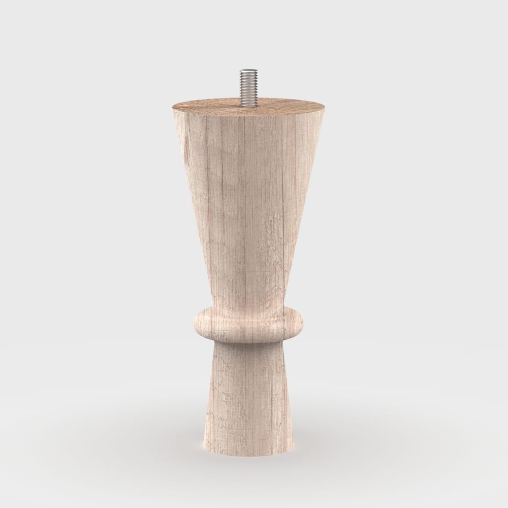 Hourglass-inspired wooden furniture leg, with smooth curves and elegant design, ideal for various furniture, available in multiple finishes and installation options.