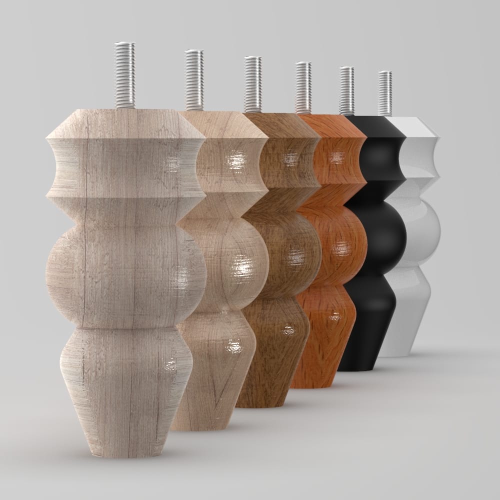 12 cm high turned furniture leg with bun and tapered shapes, crafted from wood with various finish and installation options. Suitable for beds, sofas, and cabinets.