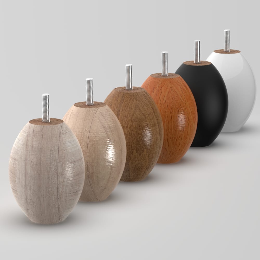 10 cm high oval-shaped wooden furniture leg with a 73 mm diameter, available in various finishes and installation options. Ideal for replacing legs or DIY projects.