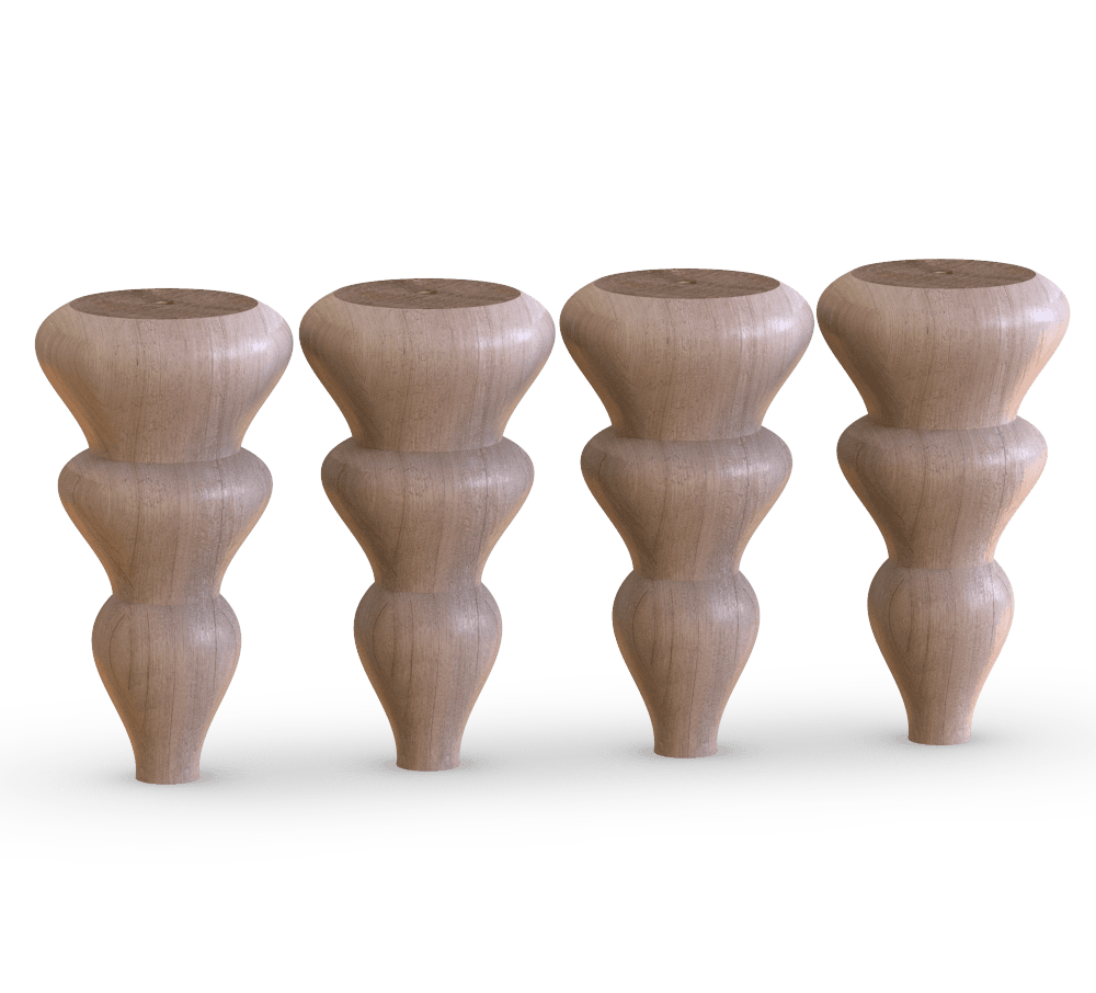 Turned wooden furniture leg with a wave-inspired design, suitable for sofas, cabinets, and footstools, available in various finishes and installation options.