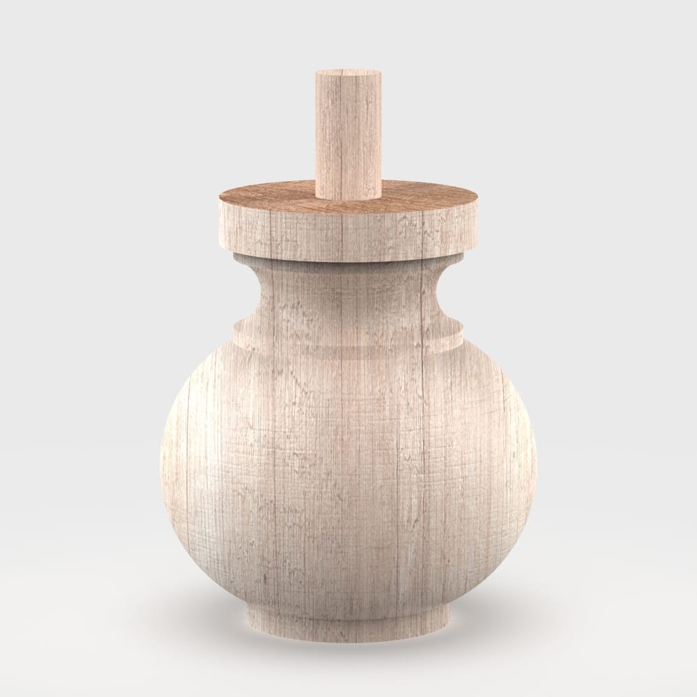 Bold, turned wooden furniture leg with a unique design, available with wooden dowel or hanger bolts for installation. Suitable for sofas, chairs, and cabinets.