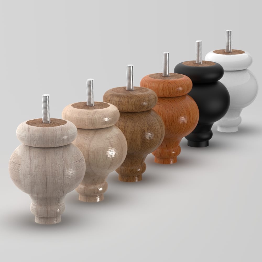 Wooden furniture leg with a classic design, available in various finishes. Suitable for beds, sofas, and cabinets. Not for use with tables.