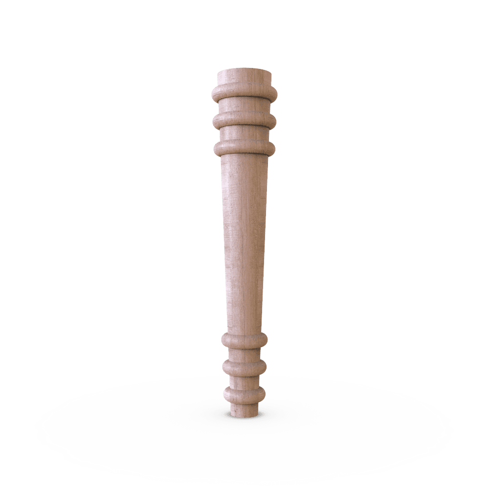 Round tapered wooden leg with three rings at the top and bottom, offering a modern and textured design for furniture.