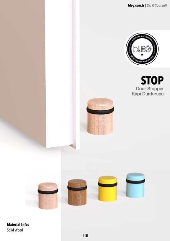 Cylindrical wooden doorstop by BLEG, featuring a built-in O-ring for impact absorption, floor-mounted design, and optional installation hardware.