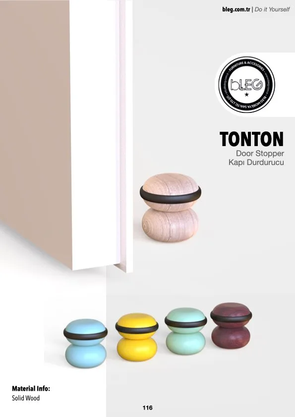 Unique wooden doorstop by BLEG featuring a stacked-rounded design with an O-ring for impact absorption and a floor-mounted installation.