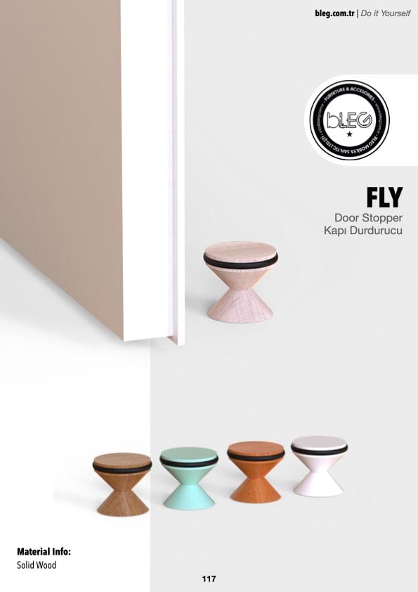 Wooden doorstop by BLEG with a modern tapered design, ideal for floor-mounted installation and available in customizable finishes.