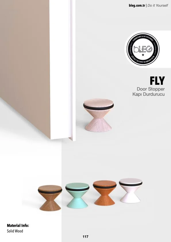Wooden doorstop by BLEG with a modern tapered design, ideal for floor-mounted installation and available in customizable finishes.